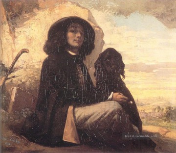  Realismus Malerei - Selbst Porträt Courbet mit einem schwarzen Hund Realist Realismus Maler Gustave Courbet